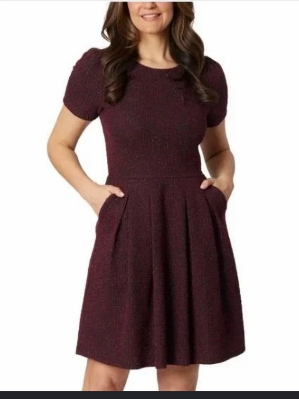 Draper James Short-Sleeve Pleated Fit-and-Flare Dress in Burgundy